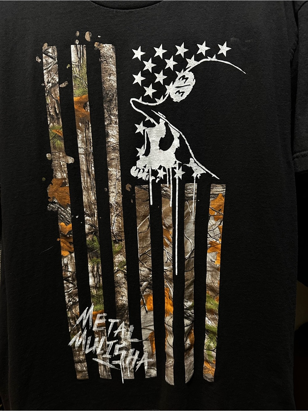 Metal Mulisha Black Tee with White Skull & Camo Flag